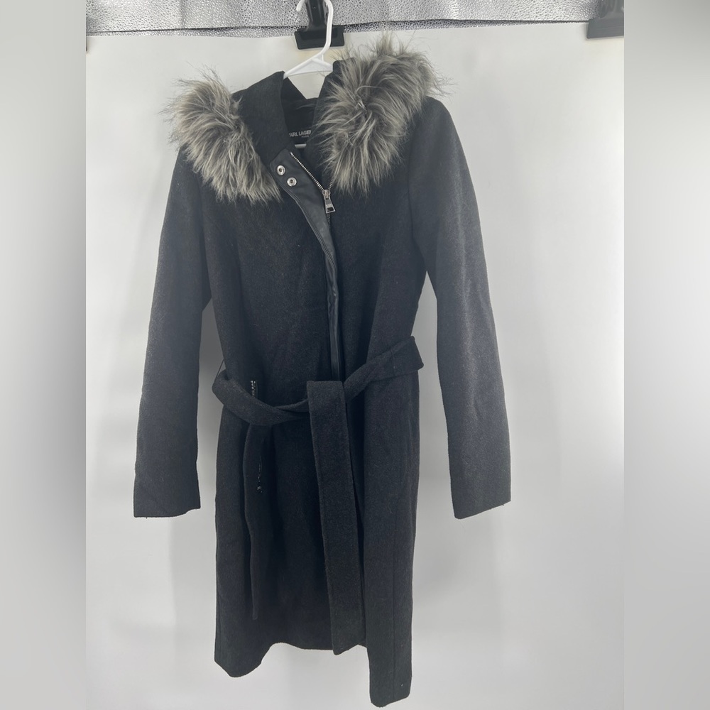 Karl Lagerfeld grey wool blend fur trim hooded jacket pea coat with belt XS